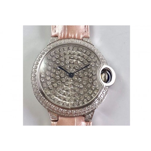 Ballon Bleu de Cartier Serti Vibrant Jewellery Watches 36mm SS/LE Full Diamond Pink Leather Strap M9015
