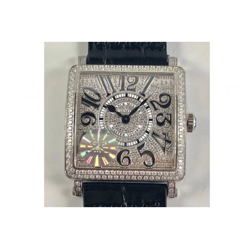 Franck Muller Master Square SS Ladies GF 1:1 Best Edition Full Paved Diamonds Dial on Black Leather Strap Swiss Quartz