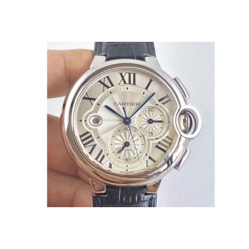 Ballon Bleu De Cartier Chrono 44mm SS White Textured Dial Blue Leather Strap A7750 to A8101