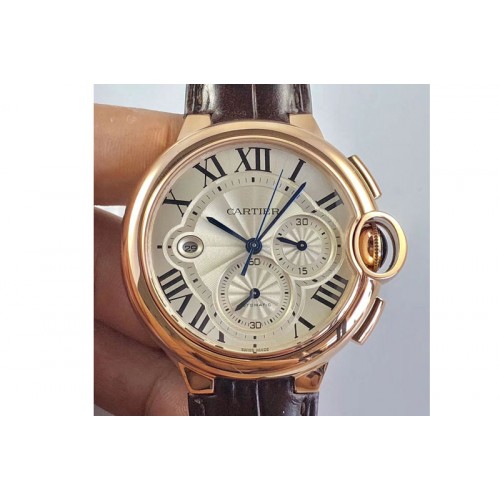 Ballon Bleu De Cartier Chrono 44mm RG White Textured Dial Brown Leather Strap A7750 to A8101