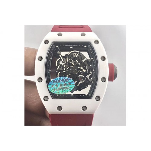 Richard Mille RM035-02 Real White Ceramic Case V2 KVF Best Edition Skeleton Dial Red Crown on Red Rubber Strap MIYOTA8215