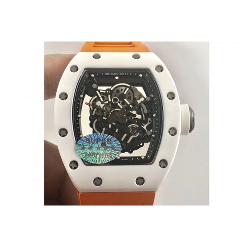 Richard Mille RM035-02 Real White Ceramic Case V2 KVF Best Edition Skeleton Dial White Crown on Orange Rubber Strap MIYOTA8215