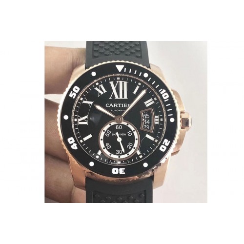 Calibre de Cartier Diver TF 1:1 Best Edition RG Black Dial on Nylon Black Rubber Strap 23J Movement