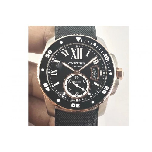Calibre de Cartier Diver TF 1:1 Best Edition SS Black Dial on Nylon Strap 23J Movement
