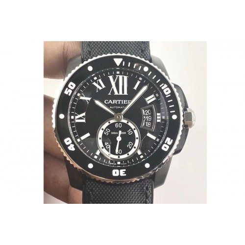 Calibre de Cartier W7100056 DLC/RG JJF 1:1 Best Edition Black Dial on Nylon Strap 23J Movement