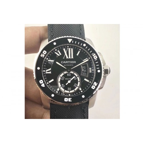Calibre de Cartier Diver TF 1:1 Best Edition SS Black Dial on Nylon Strap 23J Movement Calibre de Cartier Diver TF 1:1 Best Edition SS Black Dial on Nylon Strap 23J Movement
