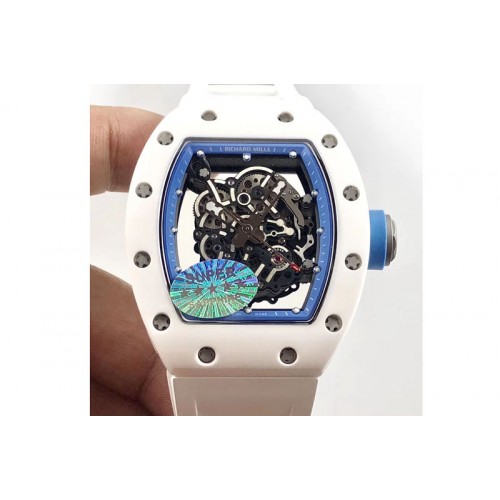 Richard Mille RM035-02 Real White Ceramic Case V2 KVF Best Edition Skeleton Dial Blue Crown on White Rubber Strap MIYOTA8215