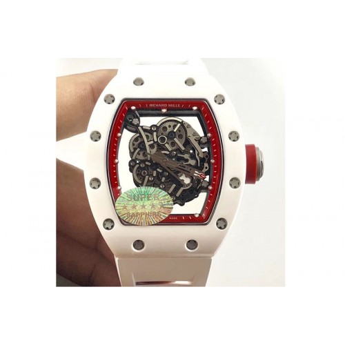 Richard Mille RM035-02 Real White Ceramic Case V2 KVF Best Edition Skeleton Dial Red Crown on White Rubber Strap MIYOTA8215