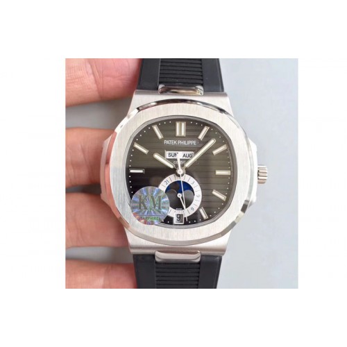 Patek Philippe Nautilus Moonphase SS V2 KMF Black Dial On Black Rubber Band Calendar Movement