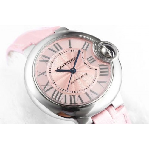Cartier Ballon Bleu 33mm SS AF 1:1 Best Edition Pink Textured Dial on Pink Croco Leather Strap Cal.076