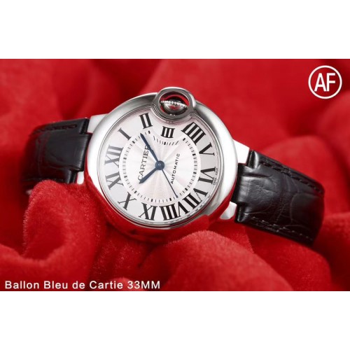 Cartier Ballon Bleu 33mm SS AF 1:1 Best Edition White Textured Dial on Black Croco Leather Strap Cal.076