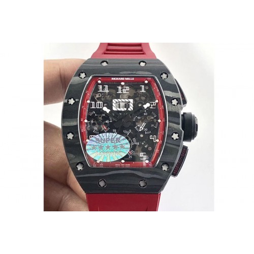 Richard Mille RM011 Carbon Case Chronograph KVF 1:1 Best Edition Carbon Case Bezel Skeleton Dial on Red Rubber Strap A7750