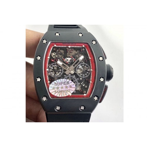 Richard Mille RM011 Carbon Case Chronograph KVF 1:1 Best Edition Ceramic Bezel Skeleton Dial on Black Rubber Strap A7750