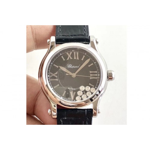 Chopard Happy Sport Medium Automatic 36mm 278559 SS/LE Black Dial Black Leather Strap