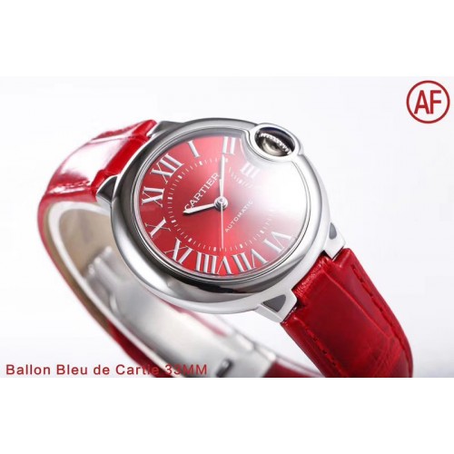 Cartier Ballon Bleu 33mm SS AF 1:1 Best Edition Red Textured Dial on Red Croco Leather Strap Cal.076