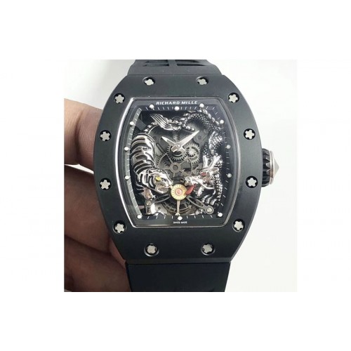 Richard Mille RM051 Real Black Ceramic Case KVF Best Edition Skeleton Dial on White Rubber Strap MIYOTA8215