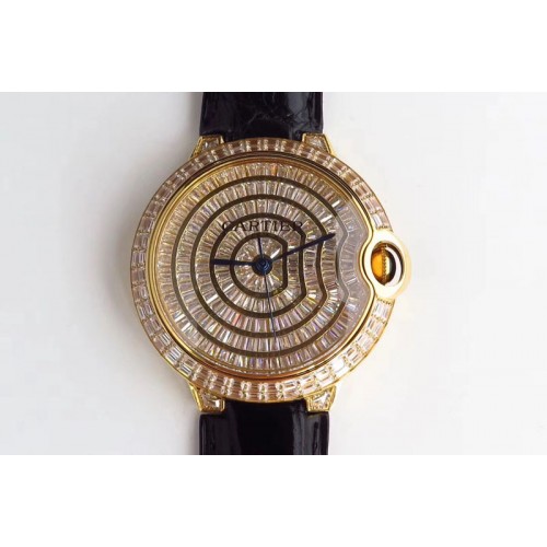 Cartier Ballon Bleu T Diamond YG Full Paved Diamonds Dial on Black Croco Strap Miyota 9015(Free Brown Leather)