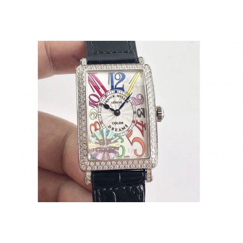 Franck Muller Long Island 952QZ SS GF 1:1 Best Edition White color numeral markers Crystal Bezel on Black Leather Strap Swiss Qu