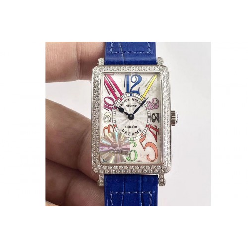Franck Muller Long Island 952QZ SS GF 1:1 Best Edition White color numeral markers Crystal Bezel on Blue Leather Strap Swiss Qua