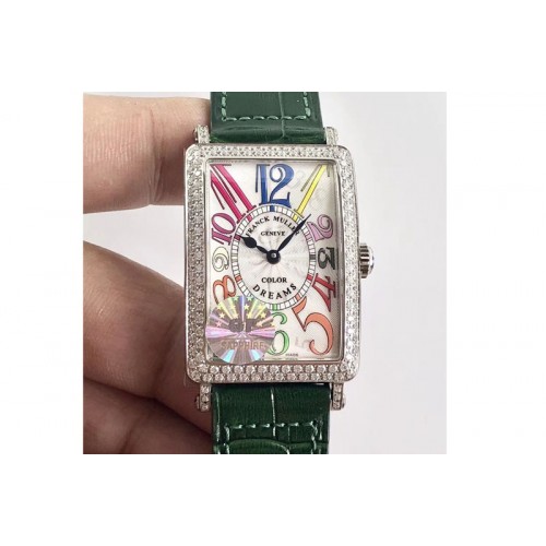 Franck Muller Long Island 952QZ SS GF 1:1 Best Edition White color numeral markers Crystal Bezel on Green Leather Strap Swiss Qu