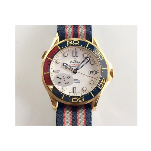 Omega Seamaster 300M 007 YG URF 1:1 Best Edition White Dial Ceramic Bezel on Nylon Strap A2507(Free SS Bracelet)