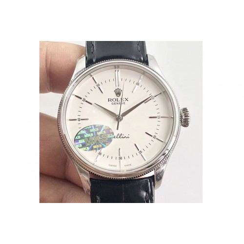 Rolex Cellini Time 50509 SS MKF V4 Best Edition White Dial Sticks Marker on Black Leather Strap A3132