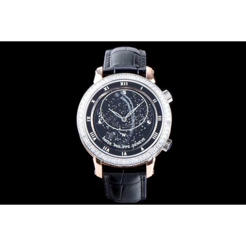 Patek Philippe 6104P Moon RG Black Dial Diamond Bezel on Black Leather Strap A240 V2