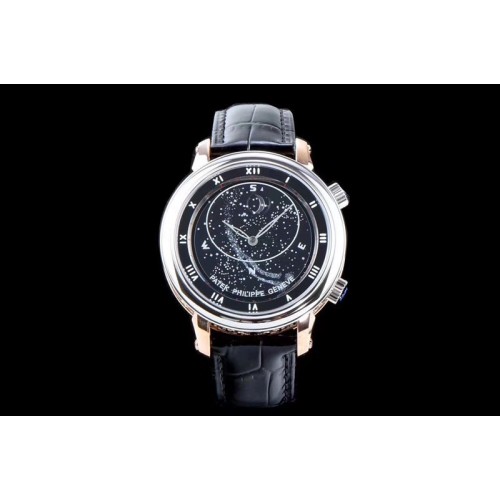 Patek Philippe 6104P Moon RG/SS Black Dial on Black Leather Strap A240 V2