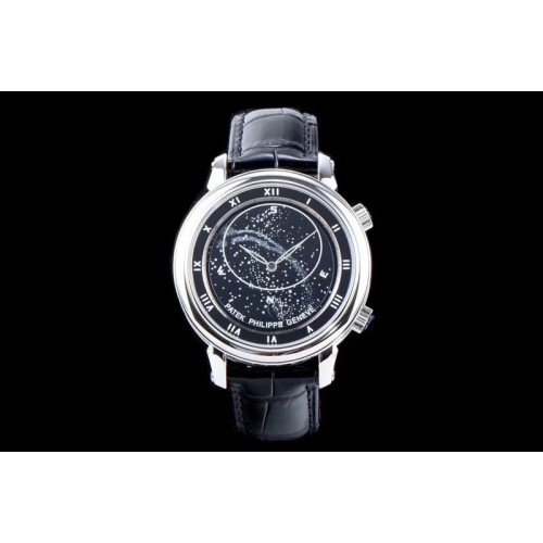 Patek Philippe 6104P Moon SS Black Dial on Black Leather Strap A240 V2