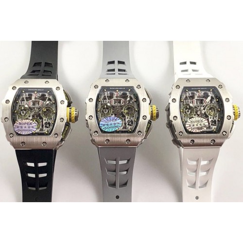 Richard Mille RM11-03 SS KVF 1:1 Best Edition Crystal Skeleton Dial on Gray/White/Black Racing Rubber Strap A7750