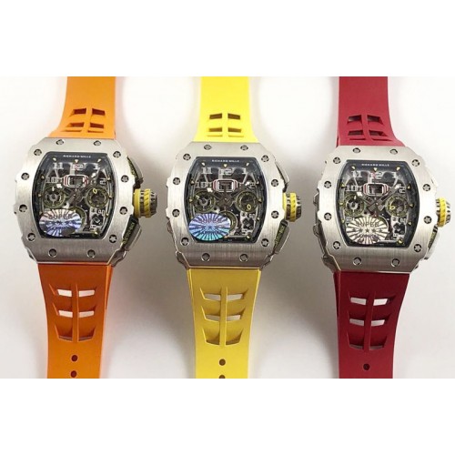 Richard Mille RM11-03 SS KVF 1:1 Best Edition Crystal Skeleton Dial on Orange/Red/Yellow Racing Rubber Strap A7750