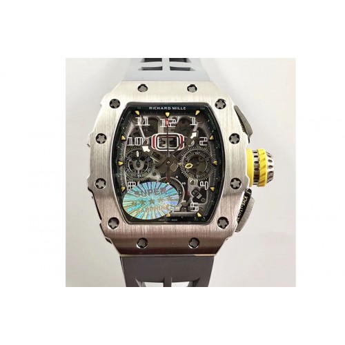 Richard Mille RM11-03 SS KVF 1:1 Best Edition Crystal Skeleton Dial on Gray Racing Rubber Strap A7750