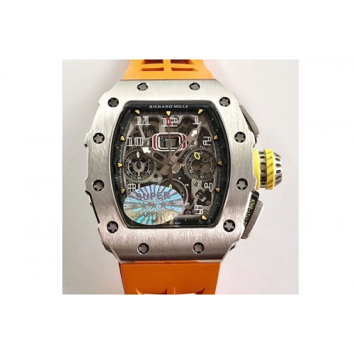 Richard Mille RM11-03 SS KVF 1:1 Best Edition Crystal Skeleton Dial on Orange Racing Rubber Strap A7750
