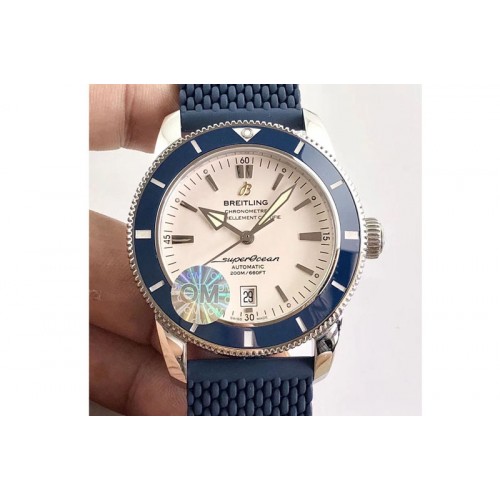 Breitling SuperOcean 42mm AB2010 SS OMF 1:1 Best Edition White Dial Blue Ceramic Bezel on Blue Rubber strap A2824