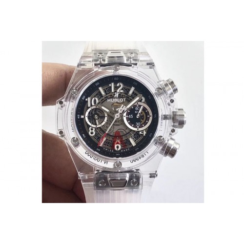 Hublot Big Bang Unico Magic Sapphire 45mm OXF Best Edition Black Skeleton Dial on Transparent Rubber Strap A1242(Free Rubber Str