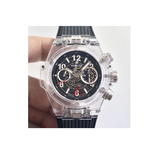 Hublot Big Bang Unico Magic Sapphire 45mm OXF Best Edition Black Skeleton Dial on Black Rubber Strap A1242 (Free Rubber Strap)