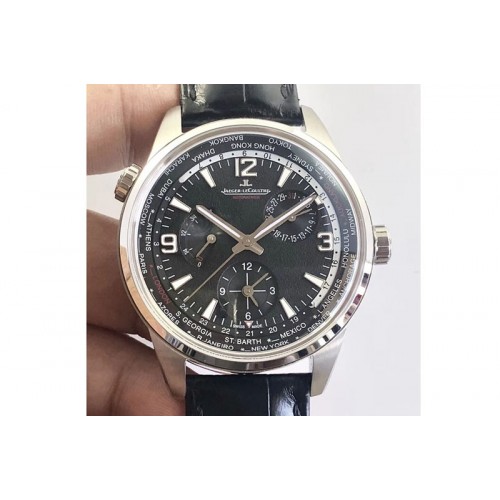 Jaeger-LeCoultre Polaris Geographic TWA SS Black Textured Dial on Black Leather Strap A936