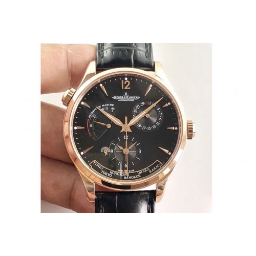Jaeger-LeCoultre Master Geographic Real PR RG TW 1:1 Best Edition Black Dial on Black Leather Strap A939