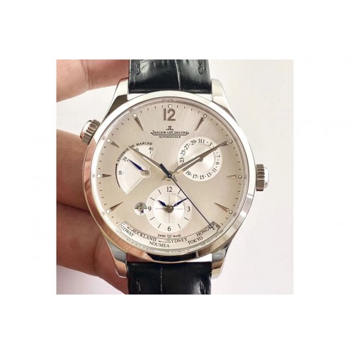 Jaeger-LeCoultre Master Geographic Real PR SS TW 1:1 Best Edition White Dial on Black Leather Strap A939