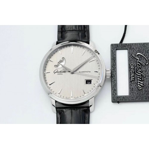 Glashutte Excellence Panorama Date Moon Phase SS ETC Marker 1:1 Best Edition Gray Dial on Black Leather Strap A100