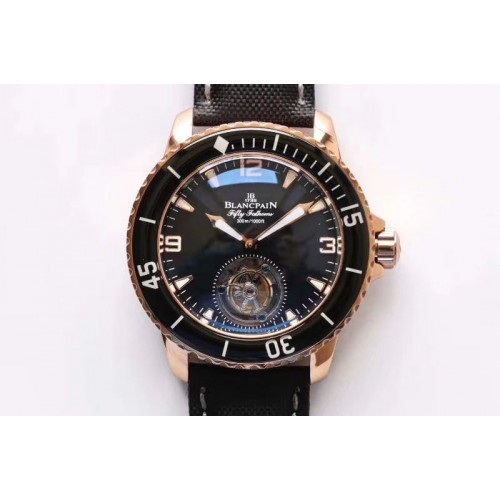 Blancpain Fifty Fathoms Tourbillon RG ZF Best Edition Black Dial on Sail-canvas Strap