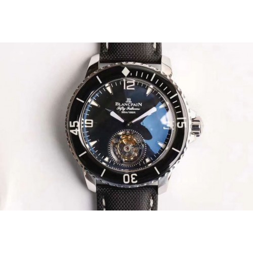 Blancpain Fifty Fathoms Tourbillon SS ZF Best Edition Black Dial on Sail-canvas Strap