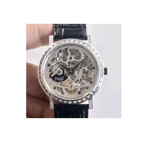 Piaget Tradition SS BBR Best Edition Diamond Paved Skeleton Dial on Black Leather Strap A23J