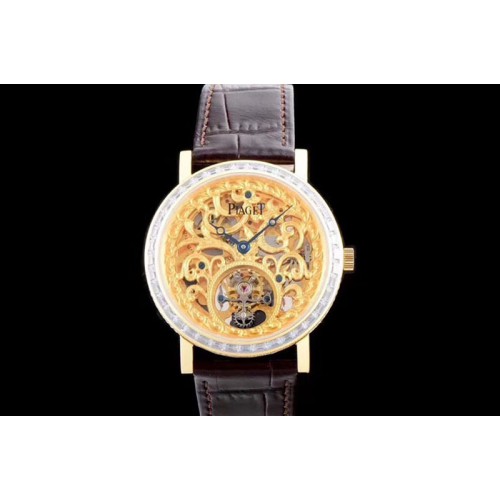 Piaget Tradition YG BBR Best Edition Diamond Paved Skeleton Dial on Brown Leather Strap