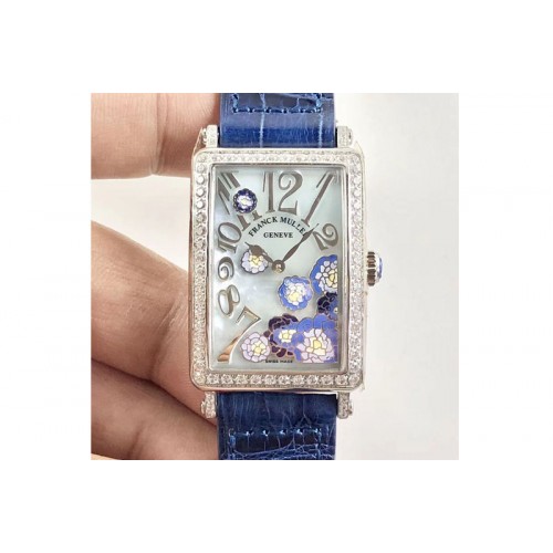 Franck Muller Long Island Ladies SS White MOP Dial Diamonds Bezel on Blue Leather Strap Jap Quartz