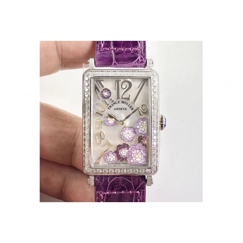 Franck Muller Long Island Ladies SS White MOP Dial Diamonds Bezel on Pureple Leather Strap Jap Quartz