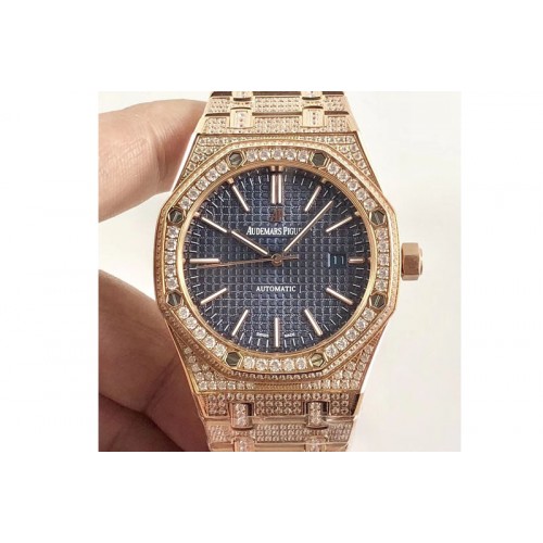 Audemars Piguet Royal Oak 41mm 15400 RG Full Paved Diamonds Blue Dial A3120