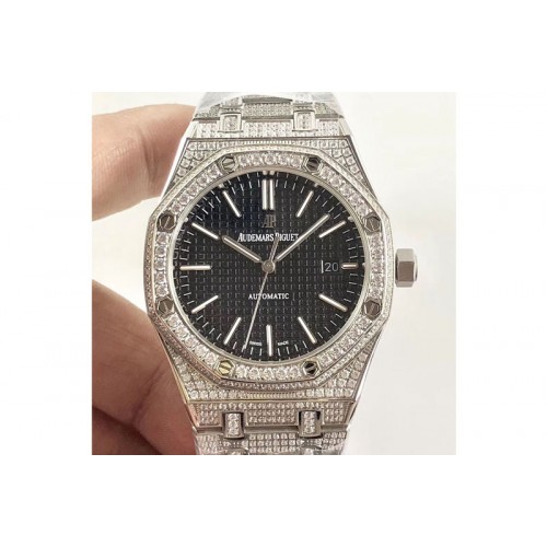 Audemars Piguet Royal Oak 41mm 15400 SS Full Paved Diamonds Black Dial A3120