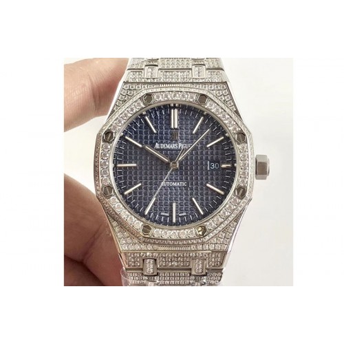 Audemars Piguet Royal Oak 41mm 15400 SS Full Paved Diamonds Blue Dial A3120