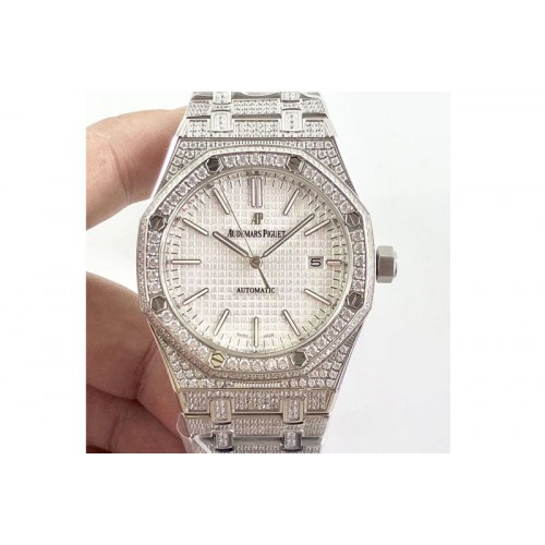 Audemars Piguet Royal Oak 41mm 15400 SS Full Paved Diamonds White Dial A3120